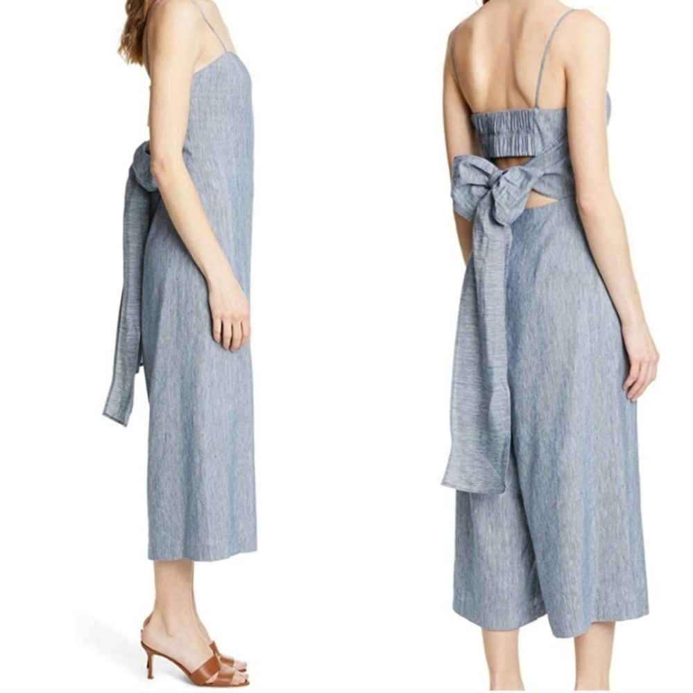 Club Monaco Dalennah Bow Back Cropped Wide Leg Linen Blend Jumpsuit Blue 6 - Picture 3 of 9